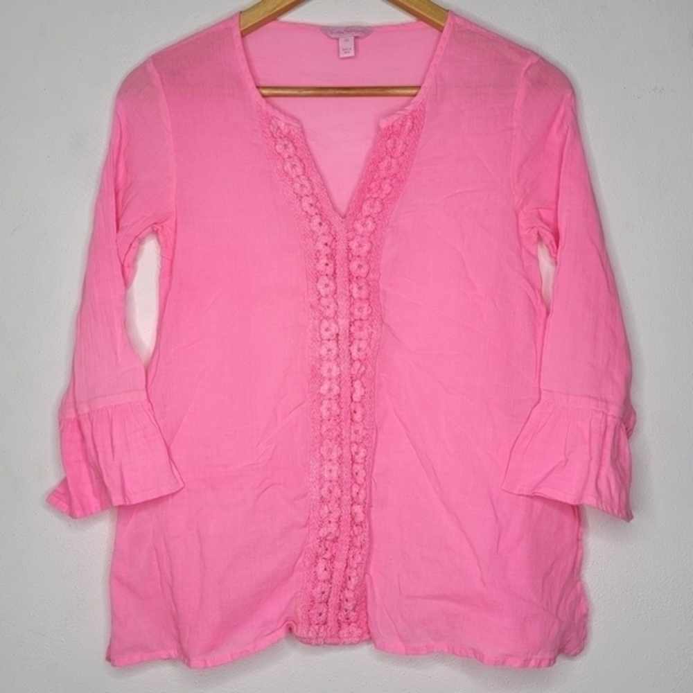 Lilly Pulitzer XS Luci‎ Light Pink Crochet Ruffle Sleeve Tunic Top Women's Sheer